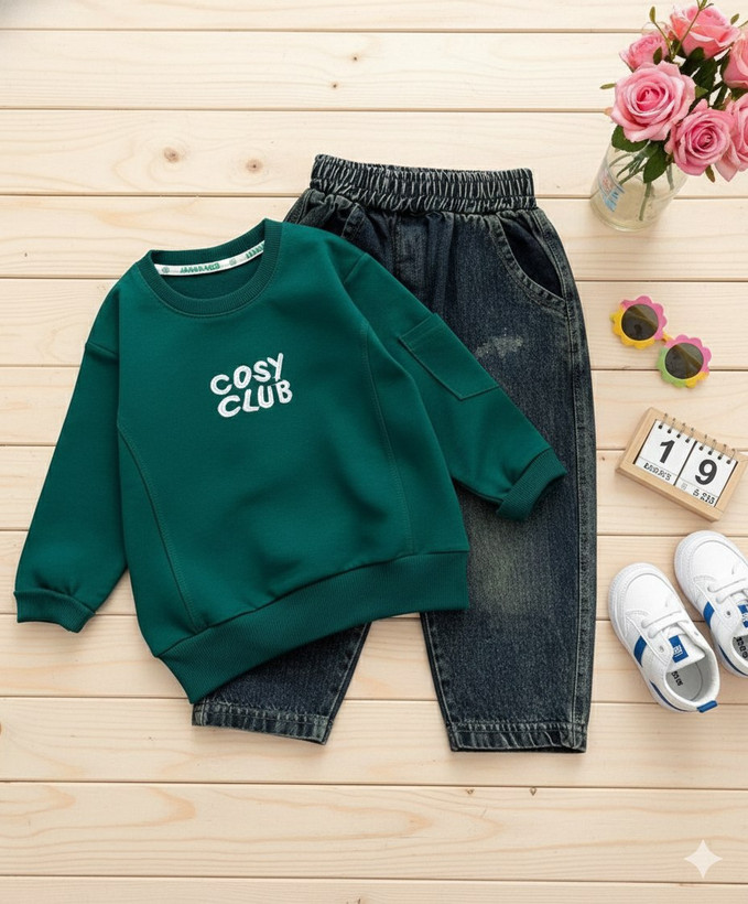 ست بلوز پنبه لاکرادار و شلوار لی پسرانه