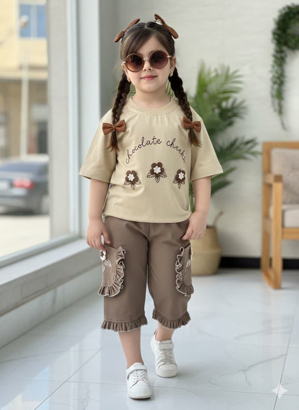 ست کراپ پنبه و شلوارک کتان بنگال دخترانه مدل سه گل