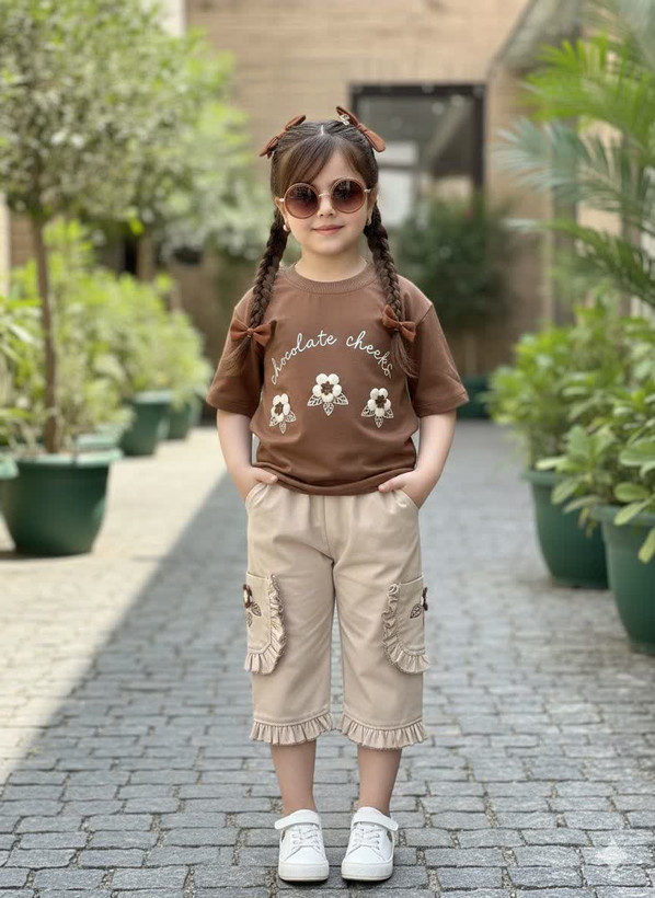 ست کراپ پنبه و شلوارک کتان بنگال دخترانه مدل سه گل