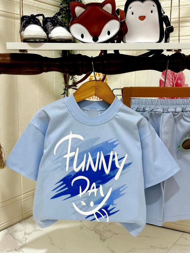 ست تیشرت پنبه و شلوارک کتان پسرانه مدل funny day