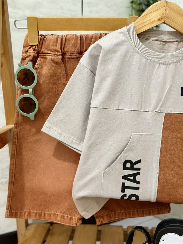 ست تیشرت پنبه لاکرا و شلوارک لی پسرانه طرح star