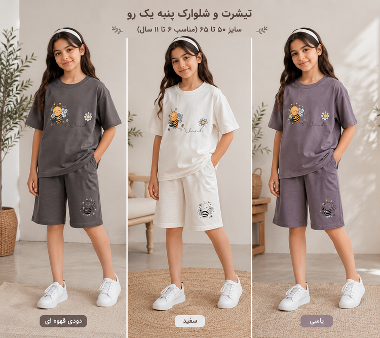 ست تیشرت و شلوارک پنبه لاکرا دخترانه طرح زنبوری