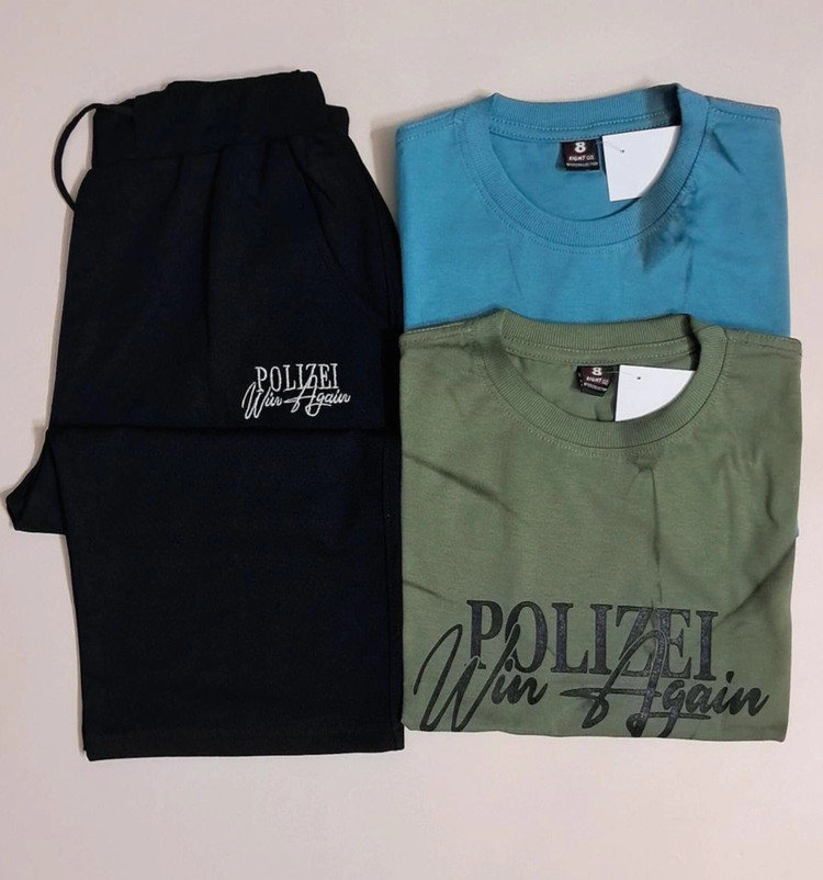 ست تیشرت پنبه یک رو لاکرا و شلوارک دورس پسرانه طرح polizei